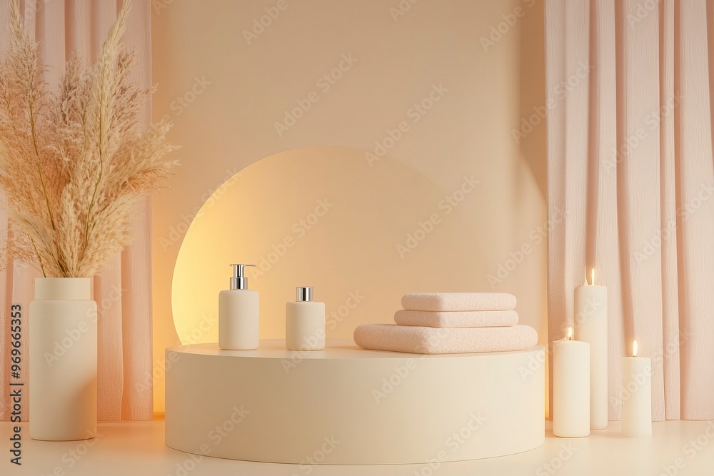 Pastel-colored round podium with soft lighting, creating a warm and welcoming atmosphere for everyday products. generative ai Pastel-colored round podium with soft lighting, creating a warm and welcoming atmosphere for everyday products. generative ai