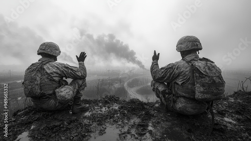 Two soldiers sit on a hilltop, looking out at the smoke-filled horizon.