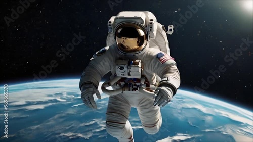 An astronaut is suspended in space during a spacewalk, with Earth looming in the background. Generative AI Video