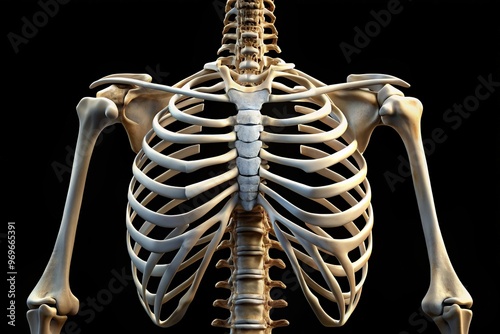 A prominent ribcage rises from the lower chest, defined by a series of undulating vertebrae and the sternum's sharp edge. photo