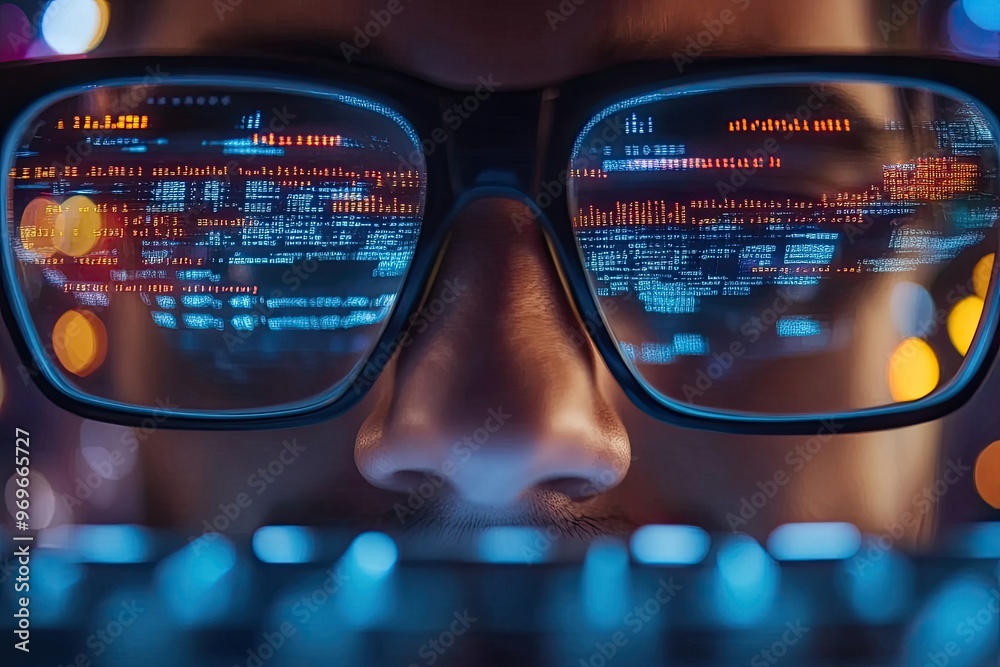 Close - up of hands typing on a keyboard, with lines of code reflecting in glasses Close - up of hands typing on a keyboard, with lines of code reflecting in glasses
