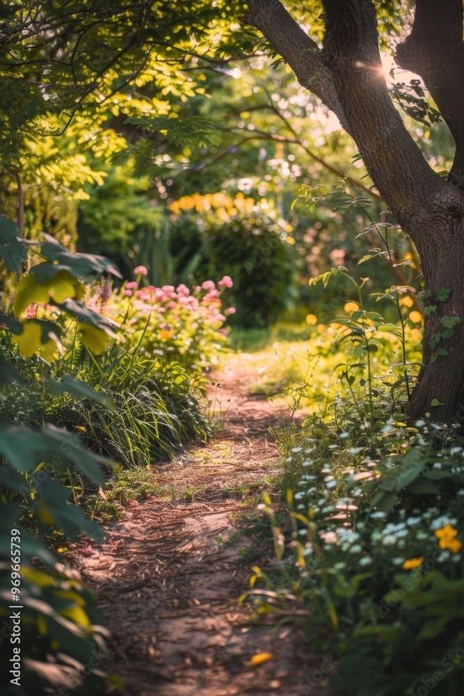 A winding garden path bathed in golden sunlight surrounded by vibrant blooming flowers A winding garden path bathed in golden sunlight surrounded by vibrant blooming flowers