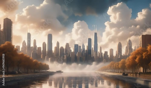 Cityscape at Sunset with Waterfront View