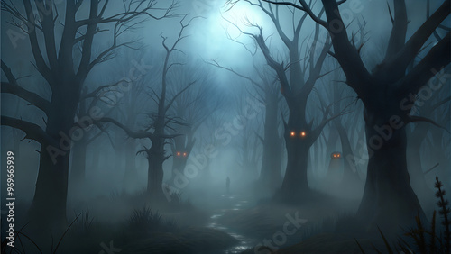 Spooky forest with mysterious trees and glowing eyes during the night