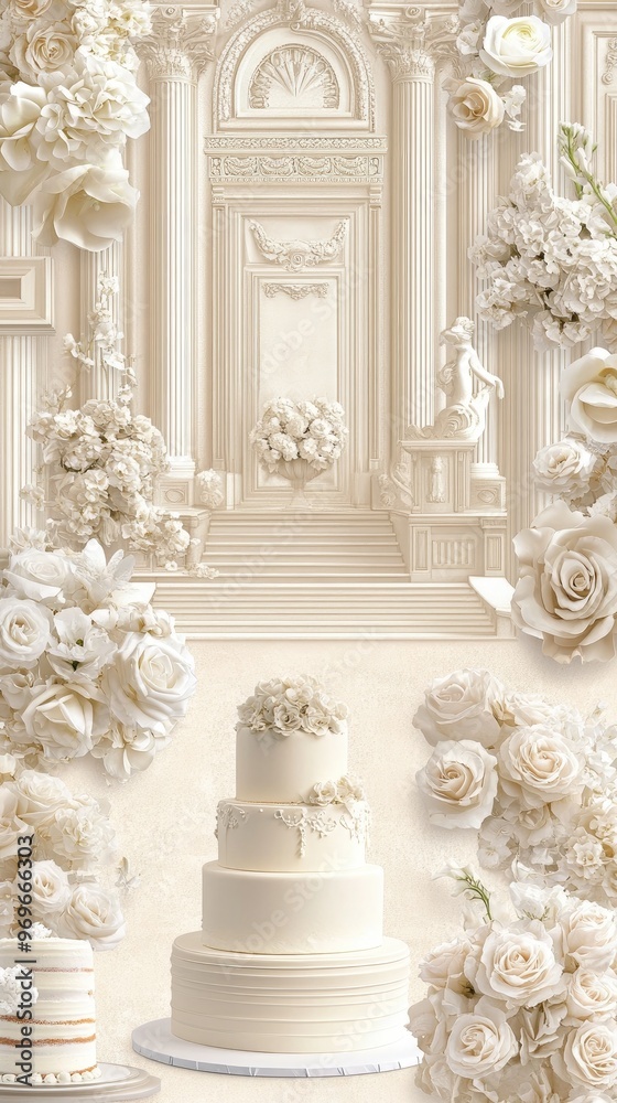 Obraz premium Scattered Polaroid photos create a nostalgic touch on the floor, while a stunning wedding cake and soft pastel pink flowers enhance the romantic atmosphere of the venue