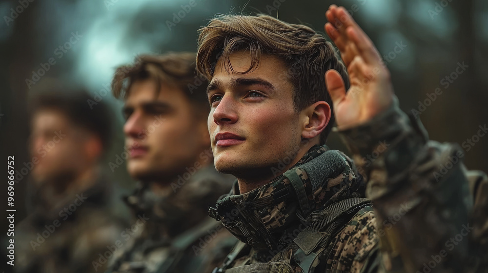 A young man in military fatigues raises his hand in a salute. A young man in military fatigues raises his hand in a salute.