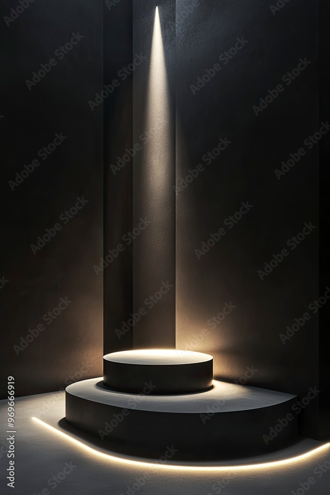 Podium with downlight that highlights the product from below, creating a dramatic silhouette effect. generative ai Podium with downlight that highlights the product from below, creating a dramatic silhouette effect. generative ai
