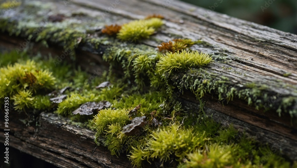 Close-up of moss and lichen growing on a weathered wooden plank, showcasing natural textures. Close-up of moss and lichen growing on a weathered wooden plank, showcasing natural textures.
