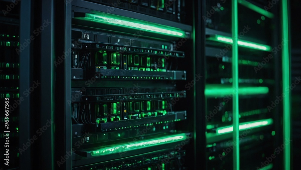 Close-up of server cabinets with green lights glowing.