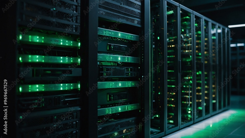 Close-up of server cabinets with green lights glowing. Close-up of server cabinets with green lights glowing.