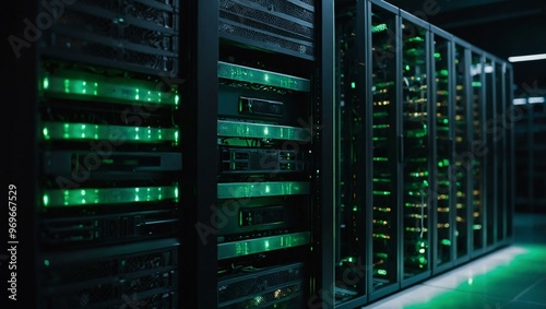 Close-up of server cabinets with green lights glowing.