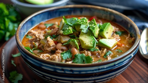 Chicken Avocado Soup in Rustic Bowl on Table. White Turkey Chili with Avocado