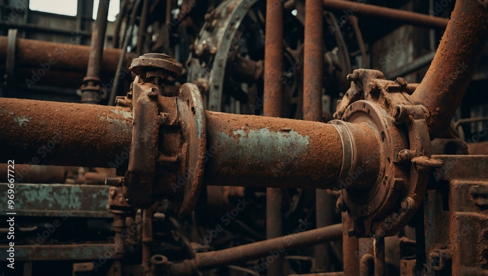 Close-up of weathered industrial machinery with rust and age. Close-up of weathered industrial machinery with rust and age.