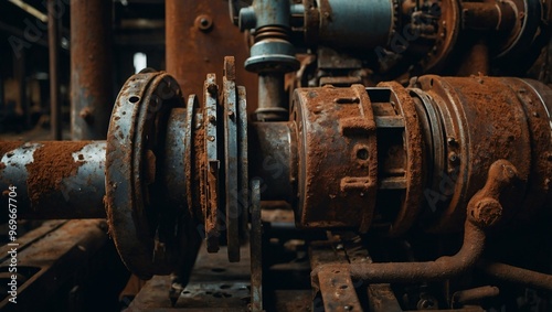 Close-up of weathered industrial machinery with rust and age.