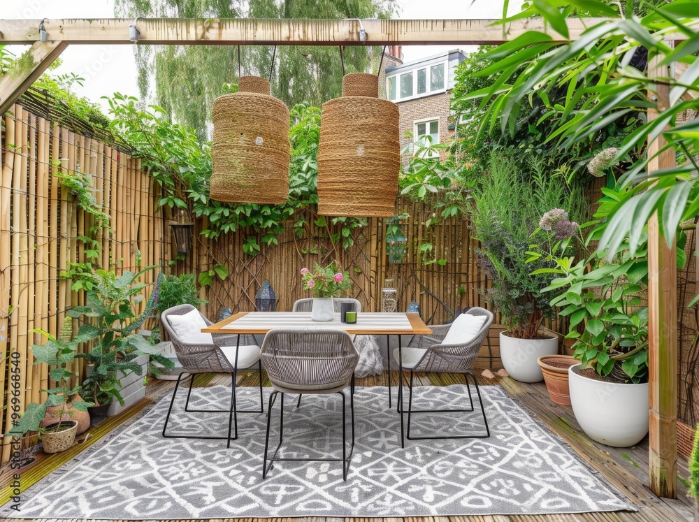 Fototapeta premium Beautiful modern garden with a wooden terrace, a table, and chairs on the deck. A gray patterned area rug is in front of it. A small gazebo with hanging plants and a wooden fence