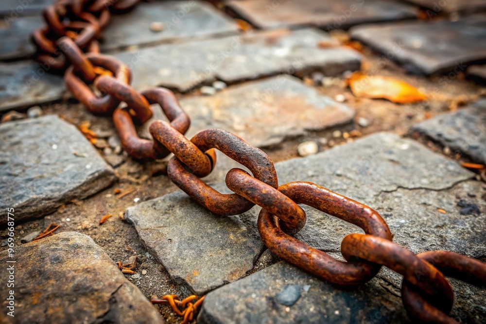 A rusted, tattered chain lies shattered on a worn stone floor, symbolizing freedom from oppressive constraints and breaking free from confining bonds and limitations. A rusted, tattered chain lies shattered on a worn stone floor, symbolizing freedom from oppressive constraints and breaking free from confining bonds and limitations.