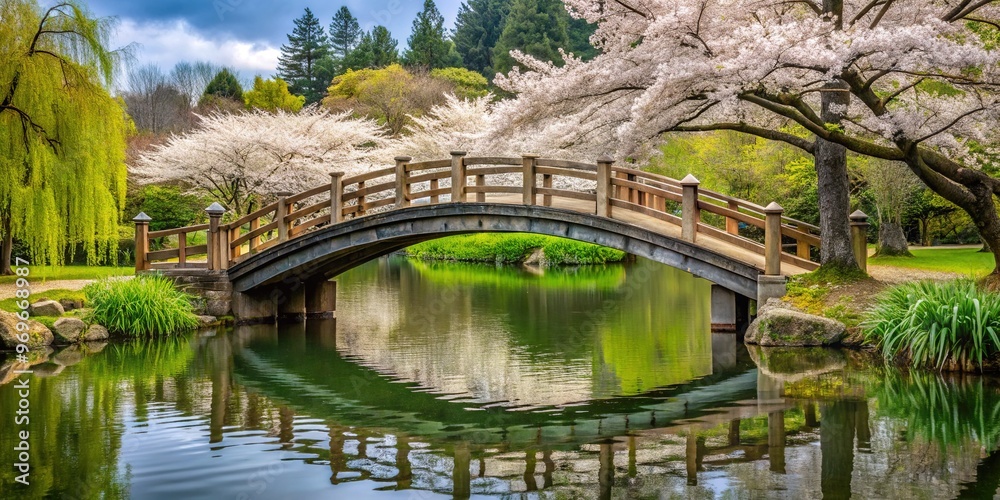 A rustic arched bridge crosses a peaceful pond, its woods weathered to a soft gray, amidst lush greenery and delicate cherry blossoms. A rustic arched bridge crosses a peaceful pond, its woods weathered to a soft gray, amidst lush greenery and delicate cherry blossoms.
