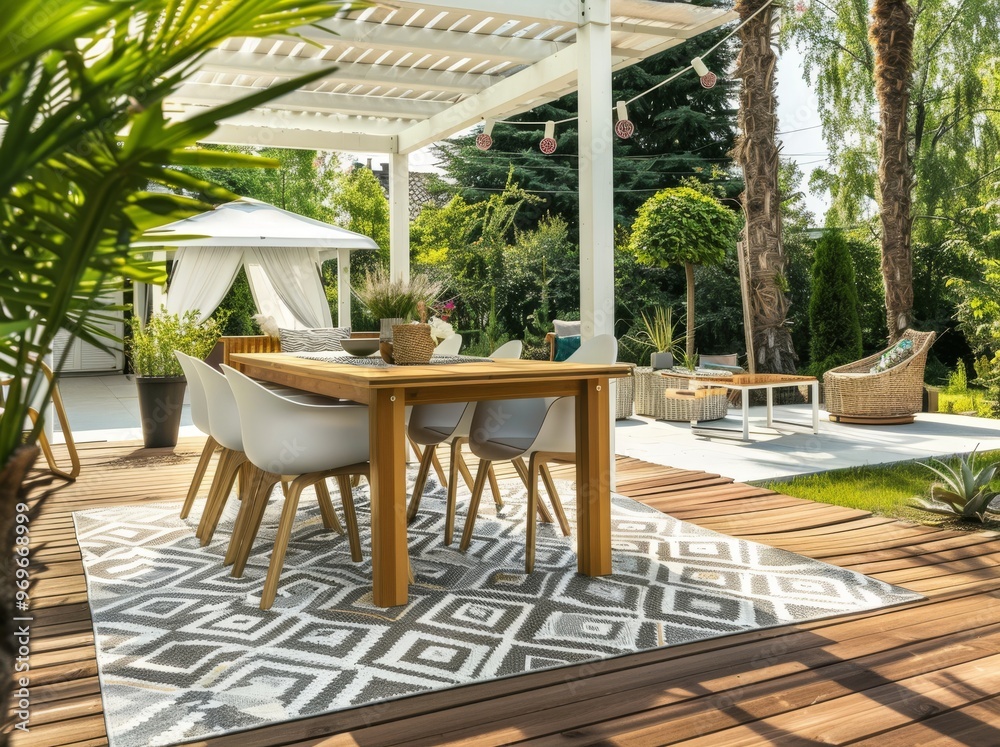 Fototapeta premium Beautiful modern garden with a wooden terrace, a table, and chairs on the deck. A gray patterned area rug is in front of it. A small gazebo with hanging plants and a wooden fence