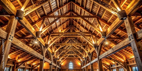 A rustic interior features a grand ceiling with exposed beams, thick timbers, and a vaulted roof, where warm lighting casts rich shadows on natural surfaces.