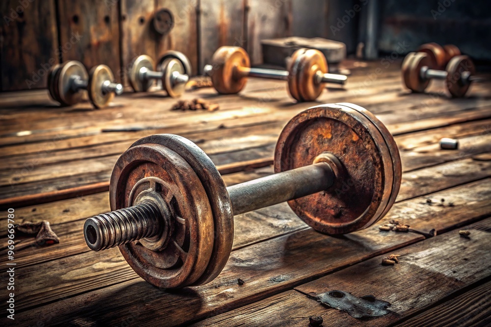 A rusty old dumbbell rests on a worn wooden floor surrounded by scattered exercise equipment, evoking a sense of aged athleticism and forgotten fitness goals. A rusty old dumbbell rests on a worn wooden floor surrounded by scattered exercise equipment, evoking a sense of aged athleticism and forgotten fitness goals.