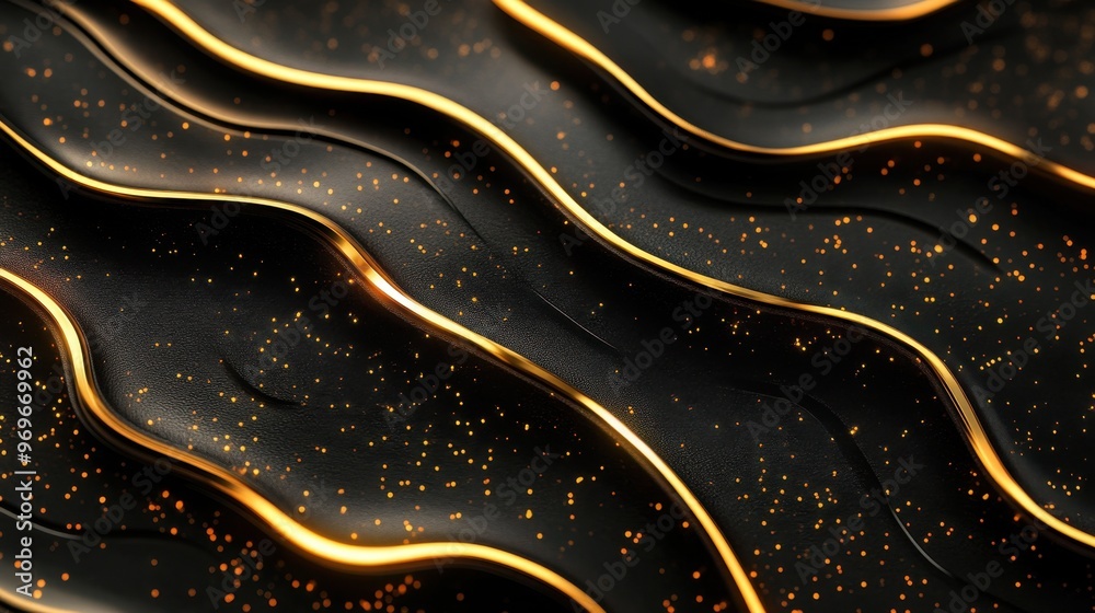 Abstract Black and Gold Waves with Sparkling Particles Abstract Black and Gold Waves with Sparkling Particles