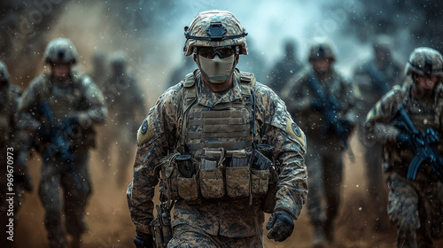 A soldier in camouflage runs through a snowy battlefield.