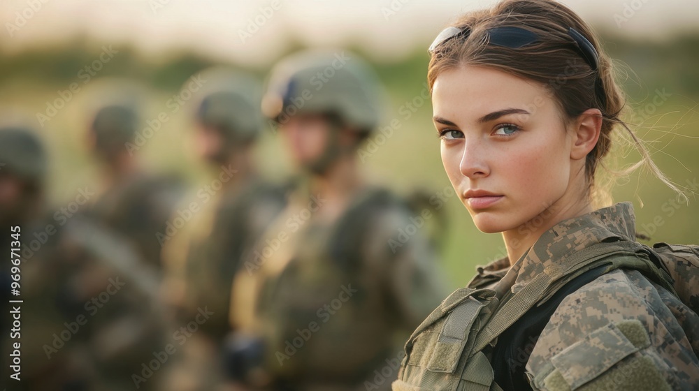 Fototapeta premium Confident Female Soldier with Troop in Background. Veterans Day