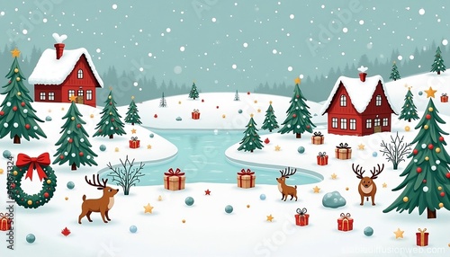 Illustrations of Decorated Christmas Trees, Ornaments, Wreaths, and Winter Wonderland Scenes festive