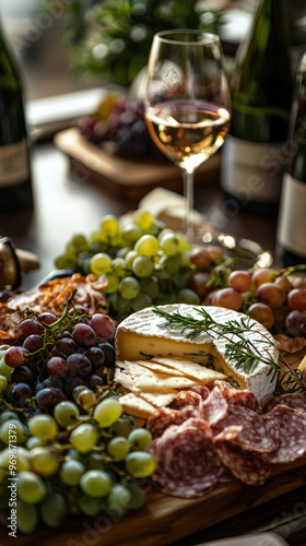 Elegant wine tasting setup featuring cheese platter adorned with assorted grapes and cured meats, creating delightful and inviting atmosphere