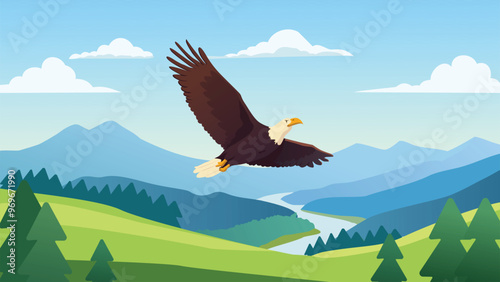 Flying Eagle in the sky near mountain and river.