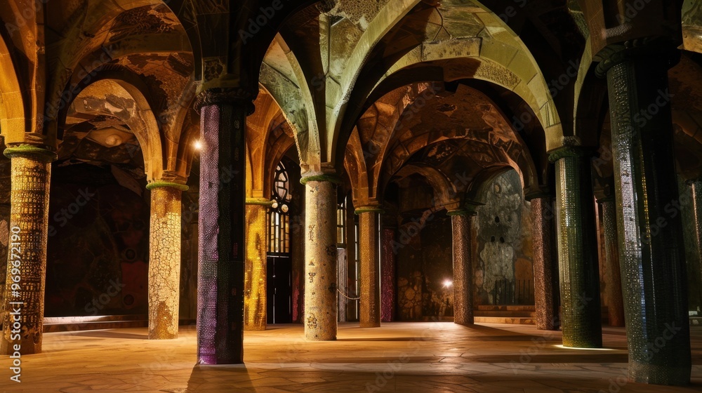 Fototapeta premium Illuminated Ancient Arches in a Historic Interior at Nighttime