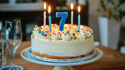 Celebratory Birthday Cake with Number 7 Candle and Colorful Sprinkles