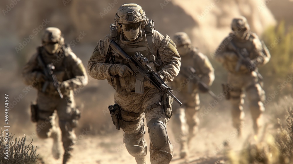 Elite Military Squad Advancing Through Rough Terrain Elite Military Squad Advancing Through Rough Terrain