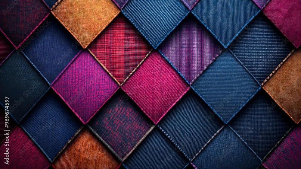Colorful geometric pattern of layered fabric squares in varying shades Colorful geometric pattern of layered fabric squares in varying shades