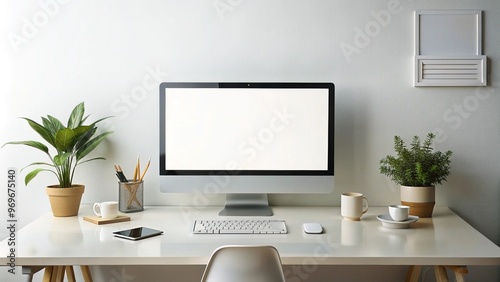 A sleek, modern desktop computer screen displaying a minimalist website design, surrounded by blank space, on a clean and clutter-free white background.