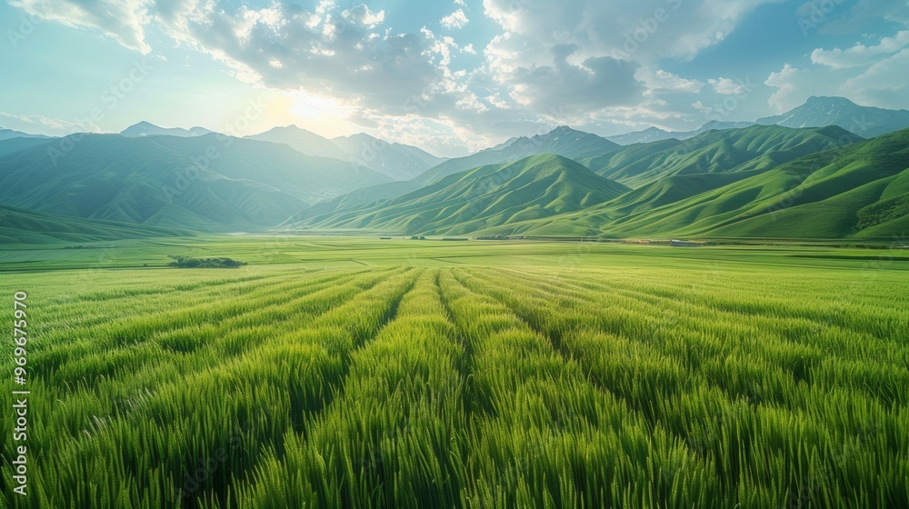Breathtaking Panoramic View of Lush Green Countryside Landscape with Mountains in the Background