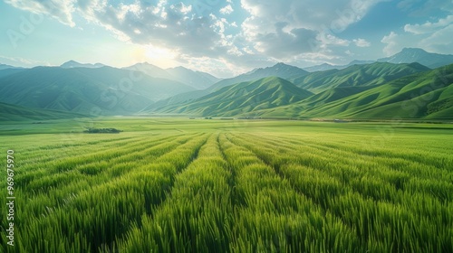 Breathtaking Panoramic View of Lush Green Countryside Landscape with Mountains in the Background