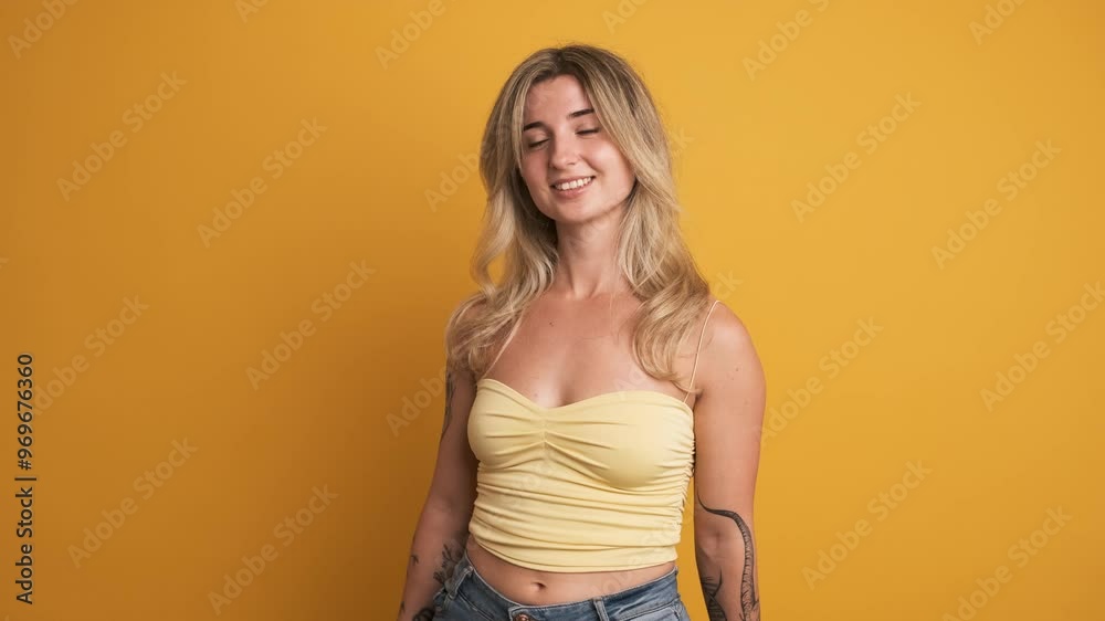 Chilling young woman standing against yellow background