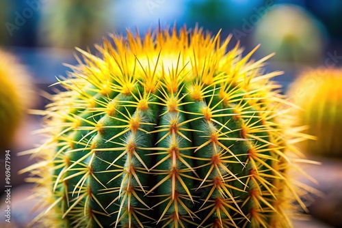 A solitary yellow cactus stands alone on a blurred backdrop, its sharp spines reaching out like tiny fingers and textured surface catching the light. photo