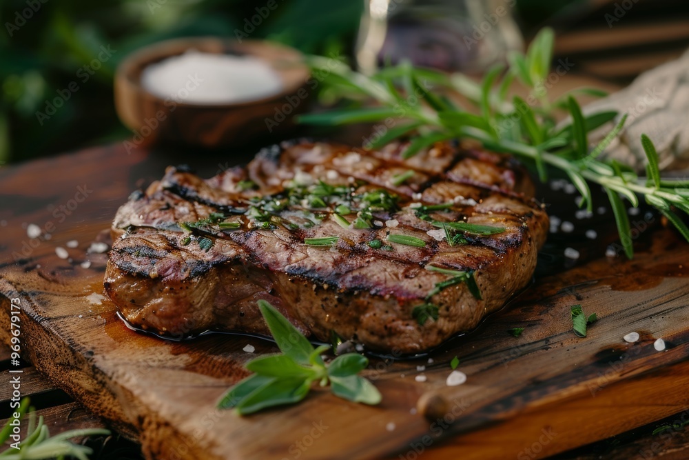 Grilled steak with herbs on rustic wooden board Grilled steak with herbs on rustic wooden board