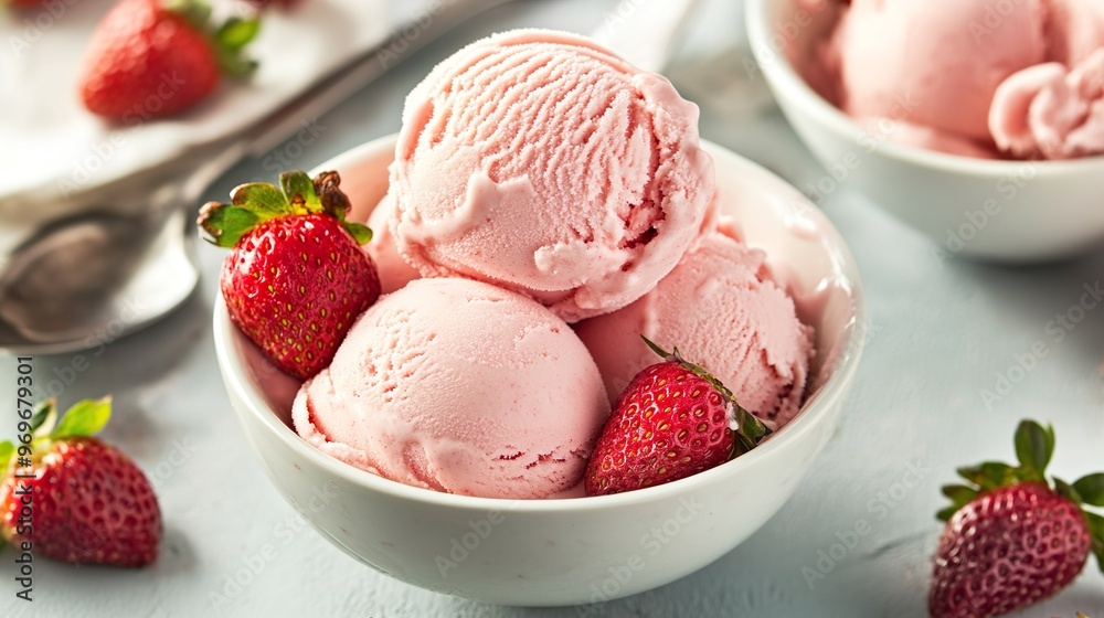 A bowl of pink ice cream with strawberries on top A bowl of pink ice cream with strawberries on top