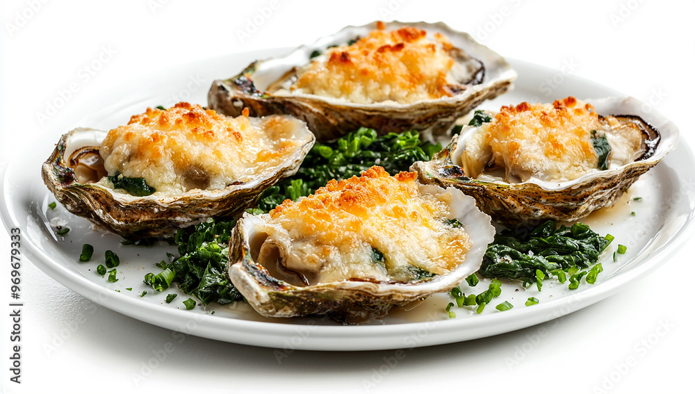 Oysters lightly baked with baby spinach and plenty of cheese, served on a white plate against a clear background