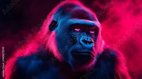 Exquisite high-resolution neon light image of a gorilla, full of intricate details and sharp clarity