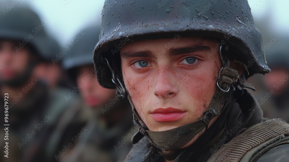 A young soldier in a helmet stares intently at the camera. A young soldier in a helmet stares intently at the camera.
