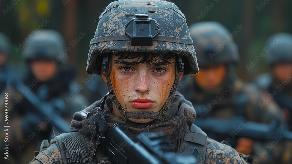 A young soldier stares intently into the camera. A young soldier stares intently into the camera.