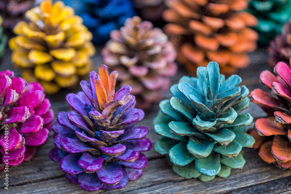 Fototapeta premium Colorful painted pinecones on wooden surface