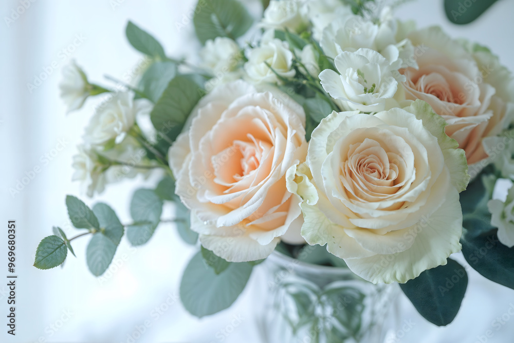 Obraz premium Soft peach and white roses in a crystal vase with blurred background