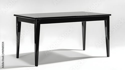 Sleek and sophisticated black lacquered dining table with a modern minimalist design isolated on a clean white background The table s smooth glossy surface and simple form create a refined