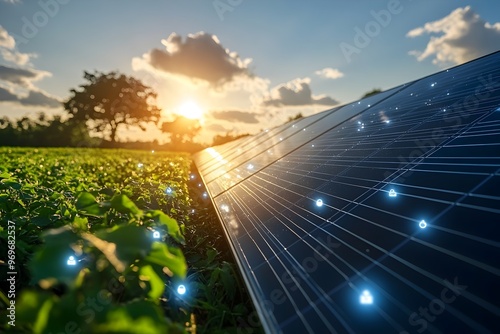 Bright Solar Panels Reflecting Sunlight with Carbon Icons in Scenic Landscape photo