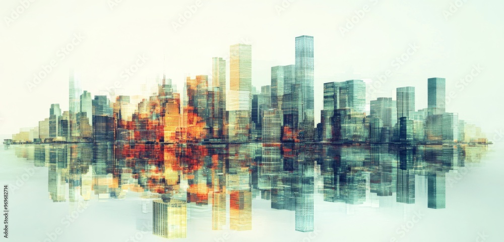 Digital Illustration of Urban Skyline with Skyscrapers and Buildings Reflecting in Water. Represents City Development and Modern Architecture. Digital Illustration of Urban Skyline with Skyscrapers and Buildings Reflecting in Water. Represents City Development and Modern Architecture.